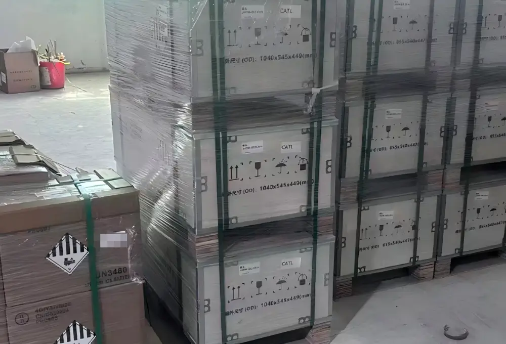 palletized battery packs strapped for UK export